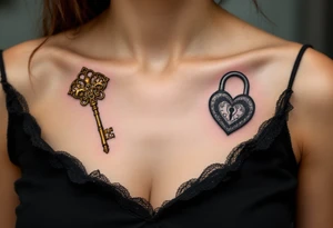 One has a vintage golden key with intricate filigree, and the other a heart-shaped lock in black and gray, matching on wrists or forearms. tattoo idea
