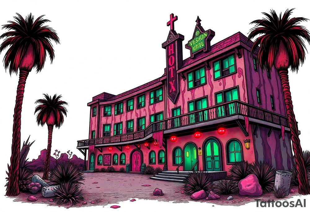Tim Burton’s vegas sex hotel from outside viewis abandoned and dripping with muted reds, dusty pinks, and eerie green glow. tattoo idea tattoo idea