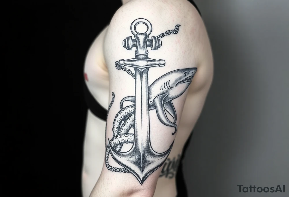 anchor with a pair of lung ingraved on it with an octopus who is holding the anchor and pulling doward on my forearm then on my upper arm and shoulder a hammerhead shark who is tied to the anchor and  pulling up on it tattoo idea