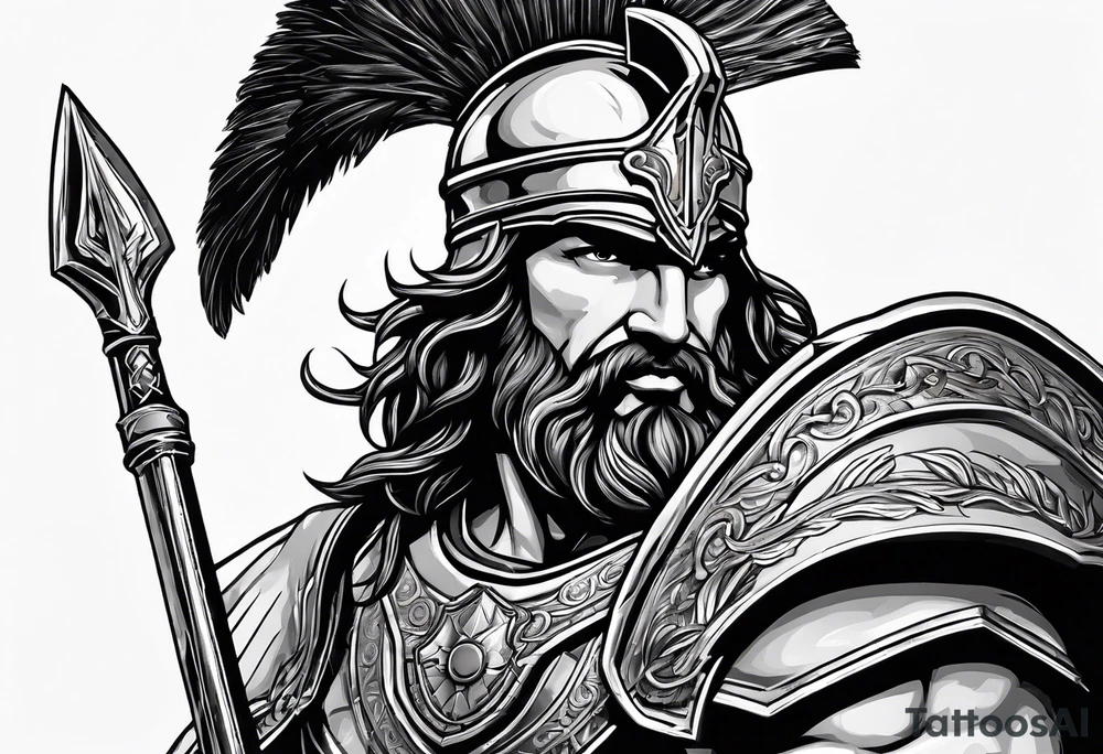 Ares greek God, holding his spear and shield tattoo idea