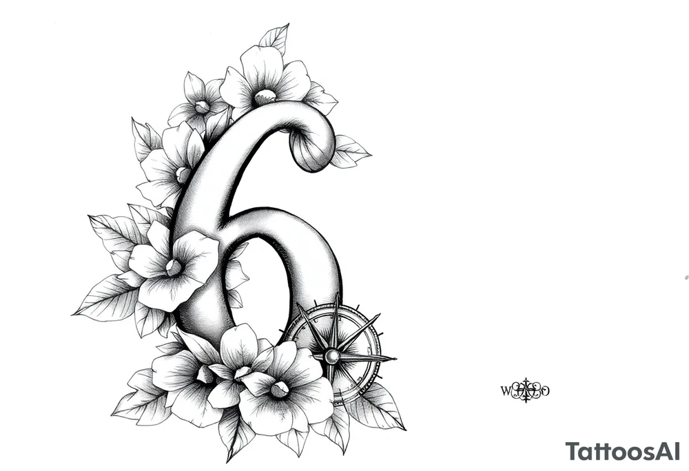 number 6 with flowers surrounding it and a nautical compass and fleur des lis tattoo idea