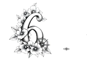 number 6 with flowers surrounding it and a nautical compass and fleur des lis tattoo idea