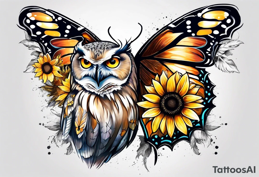 Owl, sunflower with a butterfly tattoo idea