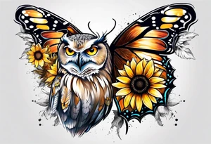 Owl, sunflower with a butterfly tattoo idea