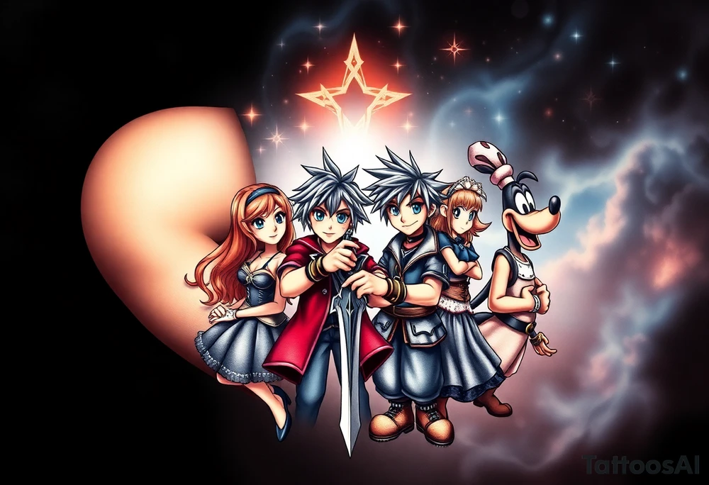 Exact Kingdom Hearts tattoo design featuring sora, kairi, riku, donald and goofy from the game, together in a dynamic, united pose. The centerpiece should include the soras Keyblade, with a beautiful and ethereal dark Kingdom Hearts-inspired background—think glowing stars, floating islands, and stained-glass elements in backroung. The design should capture themes of friendship, light vs. darkness, and adventure. Style should be detailed, fantasy-oriented, and suitable for a large piece tattoo idea