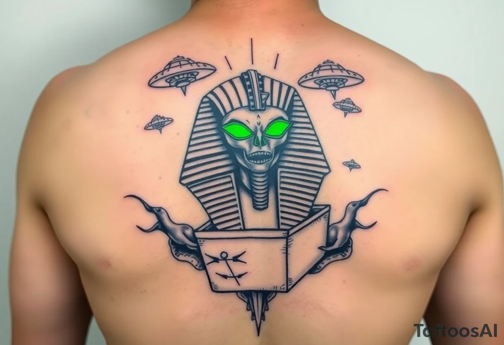"Pharaoh's sarcophagus opening to reveal a grey alien. Floating UFOs are shaped Impalas .  

Style: Neo-traditional tattoo with glitch effects. Colors: turquoise/black/neon green." tattoo idea