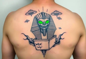 "Pharaoh's sarcophagus opening to reveal a grey alien. Floating UFOs are shaped Impalas .  

Style: Neo-traditional tattoo with glitch effects. Colors: turquoise/black/neon green." tattoo idea