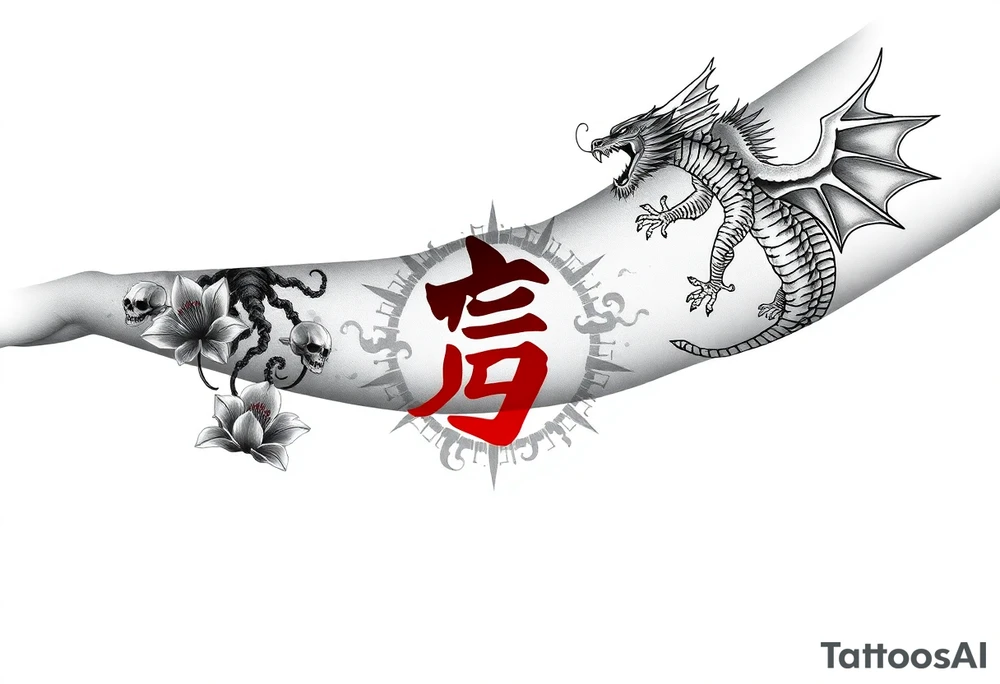 Dragon flying up on right side, tiger with skulls crawling down on left, centered kanji tattoo (red), big red spider lilies in background, smoke/cloud effects. Outer forearm sleeve tattoo idea
