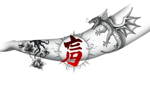 Dragon flying up on right side, tiger with skulls crawling down on left, centered kanji tattoo (red), big red spider lilies in background, smoke/cloud effects. Outer forearm sleeve tattoo idea