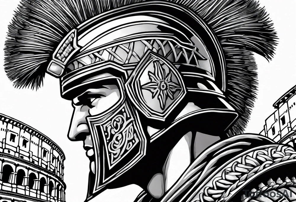 Side profile of spartan soilder looking left at Roman colosseum tattoo idea