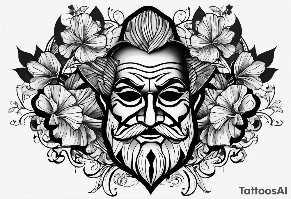 mens chest tattoo with 4 leaf clovers on the collar bone, stripes on the shoulders and two faces on in the middle with shading tattoo idea