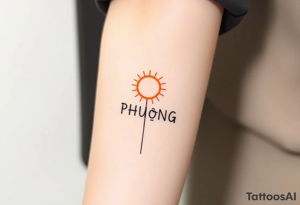 Word "PHUONG" written vertical with the sun. tattoo idea