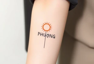 Word "PHUONG" written vertical with the sun. tattoo idea