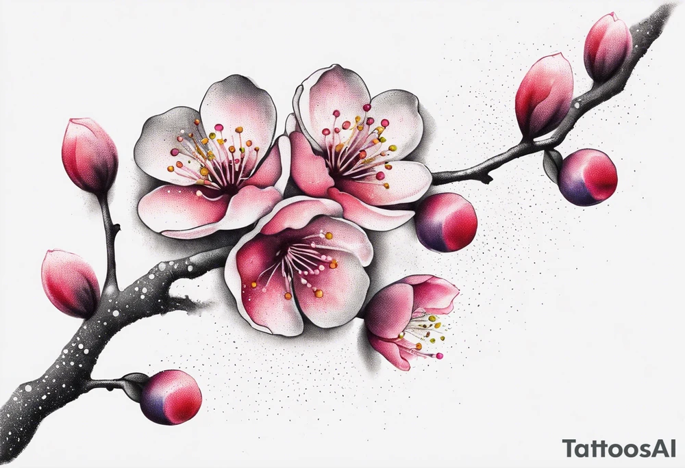 Shoulder tattoo of cherry blossom branch in rainbow colors tattoo idea