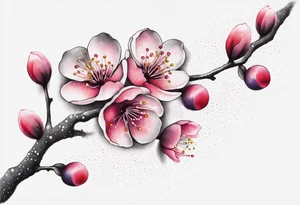 Shoulder tattoo of cherry blossom branch in rainbow colors tattoo idea