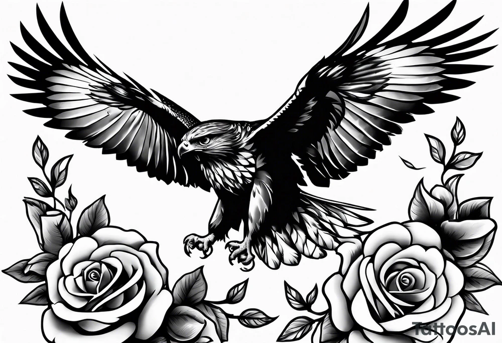 Hawk with rose in mouth flying down tattoo idea