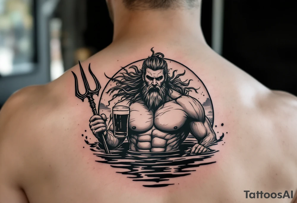 fit poseidon, behind a trident, in calm water, holding a beer tattoo idea