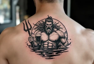 fit poseidon, behind a trident, in calm water, holding a beer tattoo idea