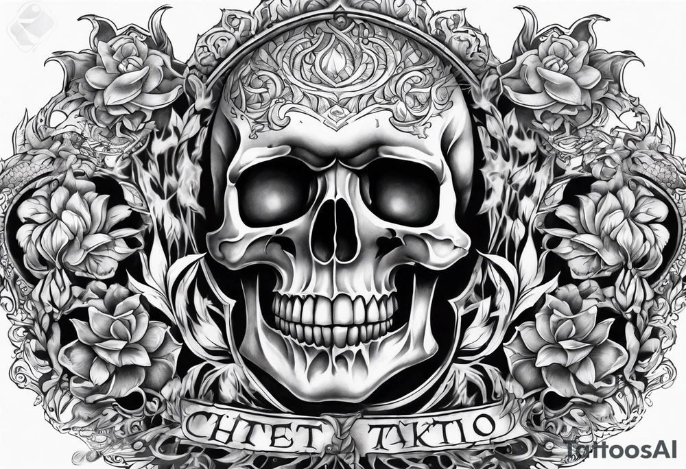 Chest tattoo with skulls and fire tattoo idea