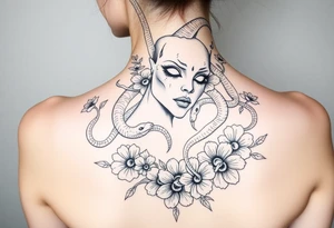 Scary medusa  with snakes coming out of her head with flowers tattoo idea