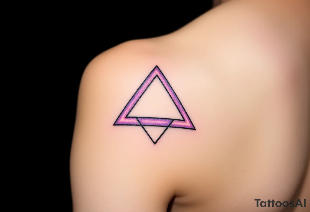 A fine line tattoo design on skin. An impossible Penrose triangle constructed from a faceted diamond cut structure. The facets of the diamond structure contain holographic, iridescent psychedelic gradients of purple, turquoise, and neon pink colors. Minimalist style, precise geometric lines, sacred geometry vibes, micro realism tattoo.
I want it to be gentle and small on the hand tattoo idea
