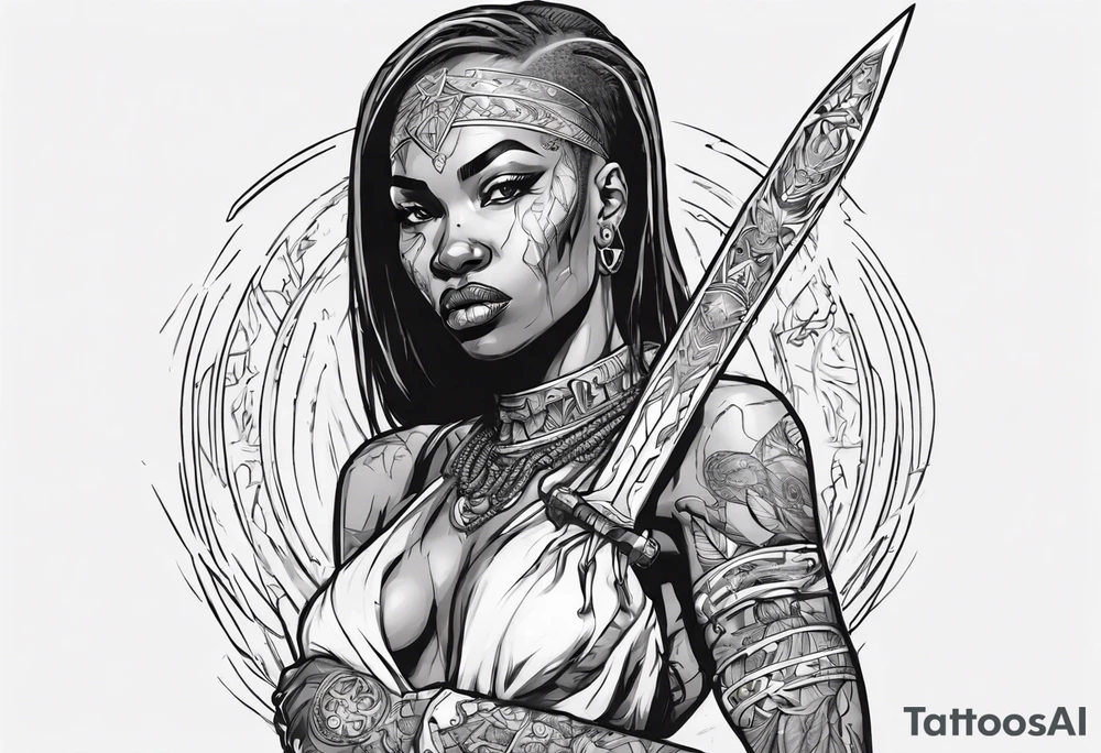 African female full body valkyre slim face holding out sword tattoo idea