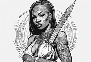 African female full body valkyre slim face holding out sword tattoo idea