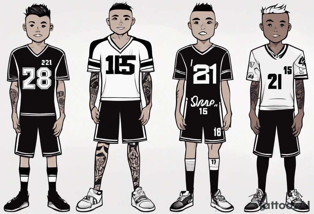 3 sports jerseys. First one has the name Alec and the number 15. Second jersey has the name Aiden and the number 18, third jersey has the name Atlee and the number 21 tattoo idea