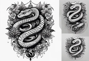 sleeve tattoo with a snake, gun, weed symbol that says HYDRA tattoo idea