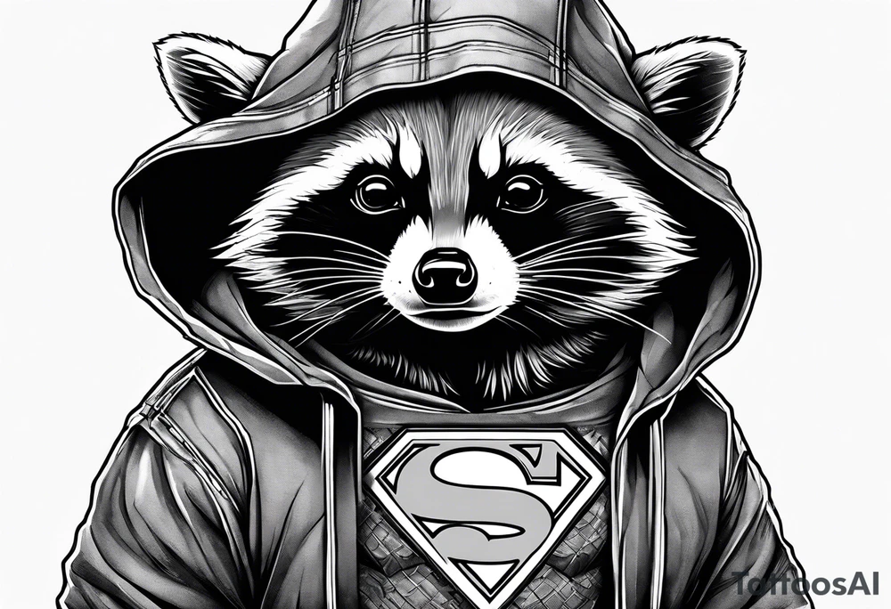 raccoon wearing a Superman hoodie tattoo idea