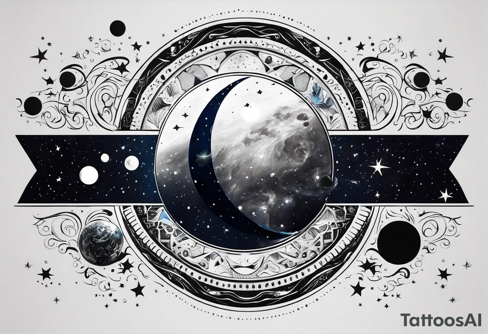 Create a full right leg tattoo design with a captivating space theme. The design should feature a prominent black hole as the central element, surrounded by swirling galaxies, stars, and nebulae. Include detailed depictions of planets and moons in various phases, with comets and meteor showers adding dynamic movement. The tattoo should have a balance of intricate patterns and bold contrasts, using deep blacks and shades of grey to create a mesmerizing and immersive cosmic scene. Make sure the design flows seamlessly from the thigh down to the ankle, incorporating the natural contours of the leg. tattoo idea