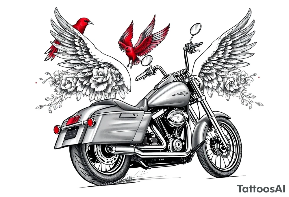 Harley grey motorcycle driving away, two red birds flying, roses, flames, angel wings tattoo idea