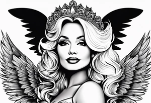 An angelic tattoo featuring Dolly Parton, an acorn, wings tattoo idea