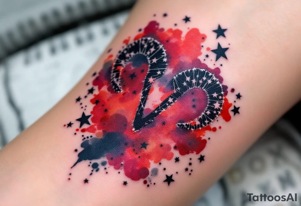 This Aries zodiac sign inspired tattoo uses deep black stars connected with silver lines over a red watercolor splash. tattoo idea