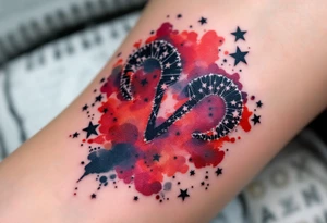 This Aries zodiac sign inspired tattoo uses deep black stars connected with silver lines over a red watercolor splash. tattoo idea