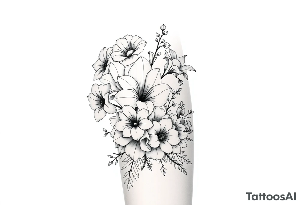 Can you create an image of a tattoo that will go on my upper arm including the following floral arrangement done very light handed and with soft lines- 1 large violet, 1 large carnation, 1 large lily of the valley, 1 large narcicuss, 1 medium carnation, 1 medium violet, 1 small dafodil, 2 small water lillies, and 1 small chrysanthemum. Add a small hummingbird drinking out of the large narcicuss. I want it on my upper right arm on the outside but slightly wrapping around the outer arm. I would like some greenery to fill in spaces as well. Make it large enough to fill my upper arm. I want the flowers to have dramatic and realistic shading. Make the tattoo more vertical than horizontal and put it on a female's arm with medium tan skin. tattoo idea