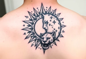 celestial sun and moon embrace with panther constellation patterns tattoo idea