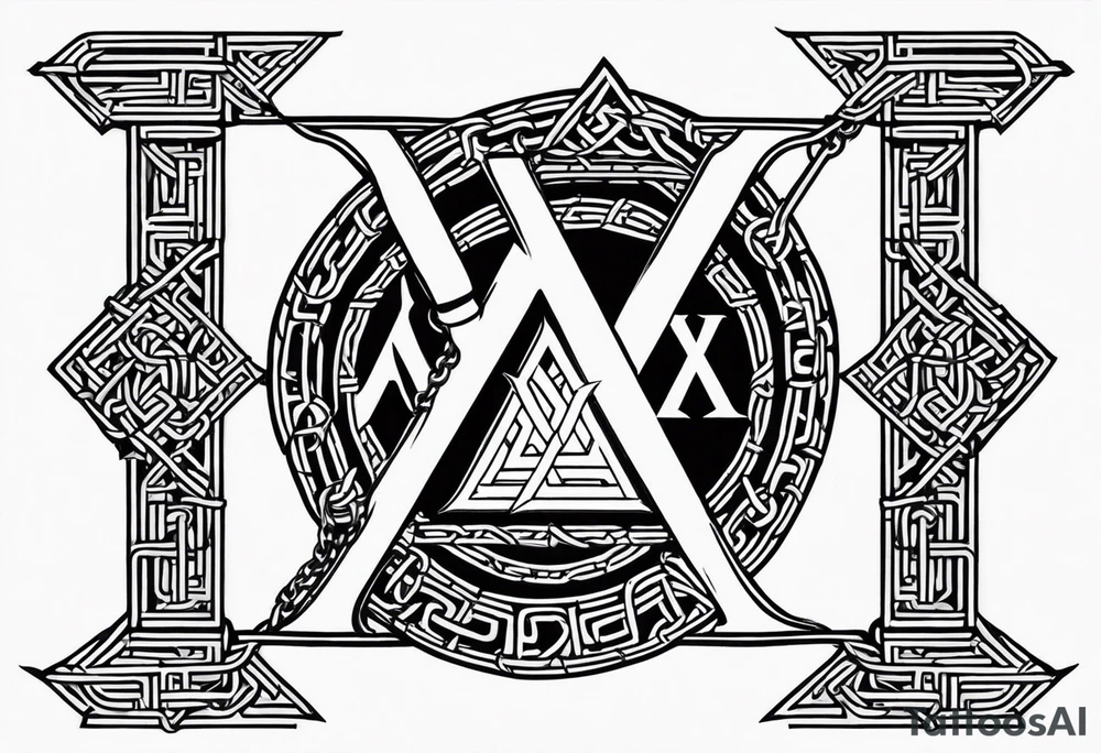 Valhalla sword shield axe barbed wire chains valknut tattoo idea