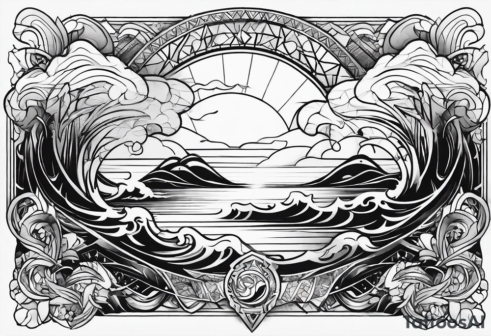 From left shoulder to forearm sleeve tattoo. Fine line geometric, concept design tattoo, ocean thunder fire nature tattoo idea