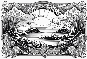 From left shoulder to forearm sleeve tattoo. Fine line geometric, concept design tattoo, ocean thunder fire nature tattoo idea