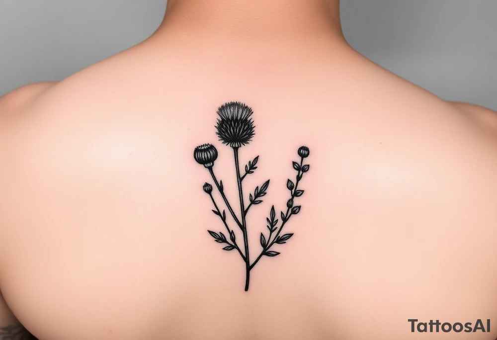 dainty botanical drawing of scottish thistle, olive branch/olive, and cat nip for a wrap around wrist tattoo as one plant tattoo idea