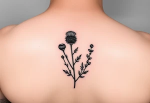 dainty botanical drawing of scottish thistle, olive branch/olive, and cat nip for a wrap around wrist tattoo as one plant tattoo idea