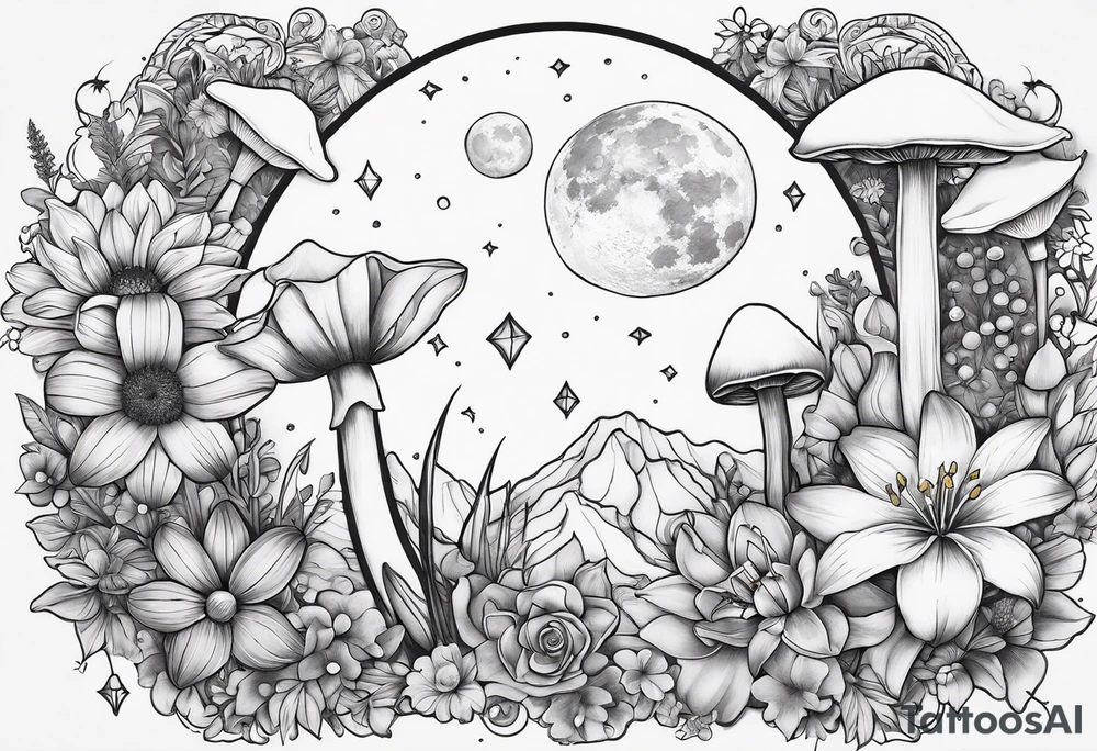 moon with crystals, mushrooms, and lily’s and daisy’s tattoo idea