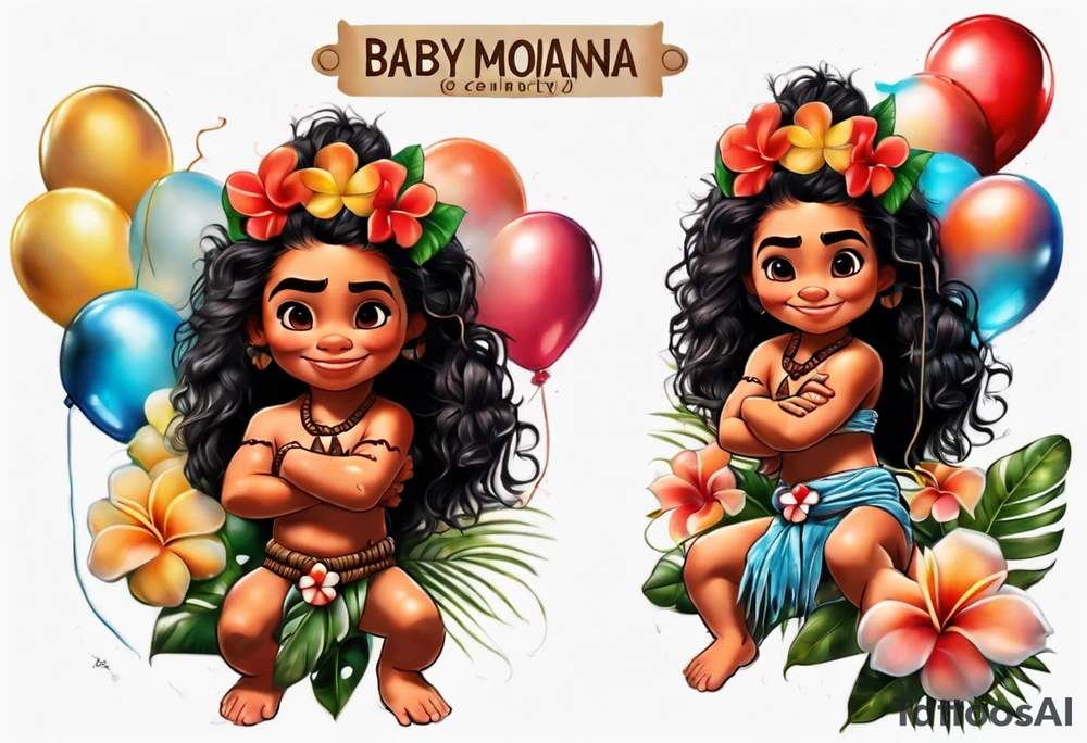 baby moana holding balloons tattoo idea