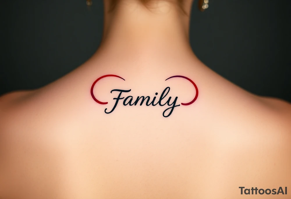 An infinity symbol with a colorful heart-shaped infinity loop, and the word "family" elegantly placed at the center in a soft script tattoo idea