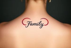 An infinity symbol with a colorful heart-shaped infinity loop, and the word "family" elegantly placed at the center in a soft script tattoo idea