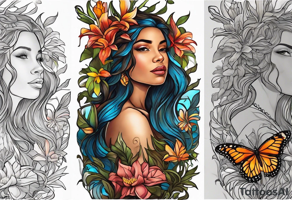 Portrait full length of Hispanic wood nymph made or bark and branches standing upright.  Butterflies in background. Lillies near her feet with colorful vegetation. tattoo idea