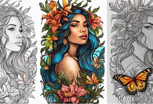 Portrait full length of Hispanic wood nymph made or bark and branches standing upright.  Butterflies in background. Lillies near her feet with colorful vegetation. tattoo idea