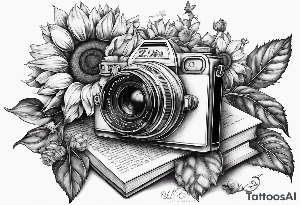 Butterfly, sunflower, camera, book, flower rose tattoo idea Butterfly, sunflower, camera, book, flower rose tattoo idea
