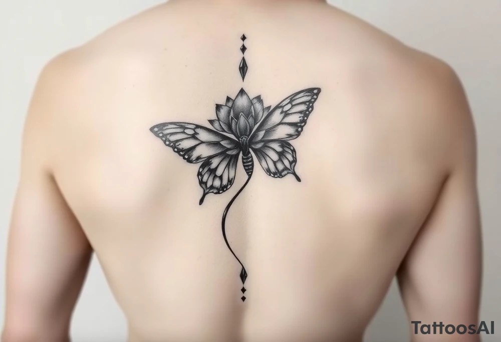 Elegant spine tattoo with lotus flower and butterfly with cracked wings tattoo idea